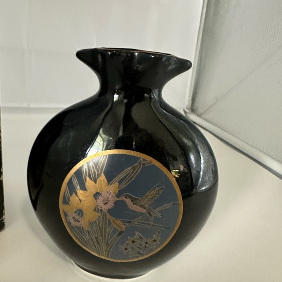 Deville Hand Painted Ceramic Vase Black Floral Bird - Picture 2 of 3